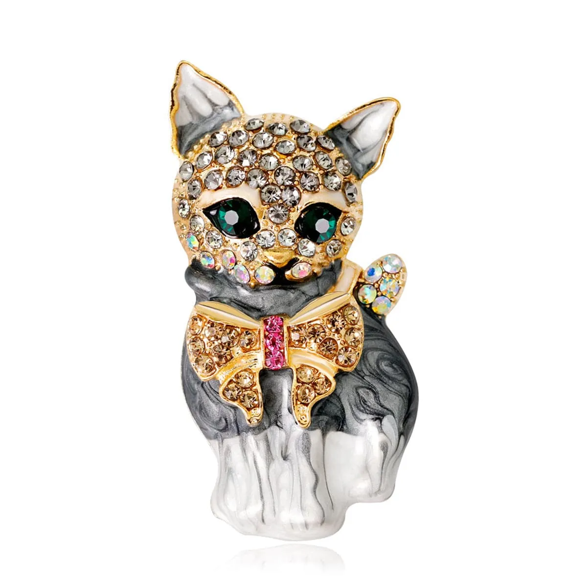 Cubic Zirconia & 18K Gold-Plated Kitty Brooch