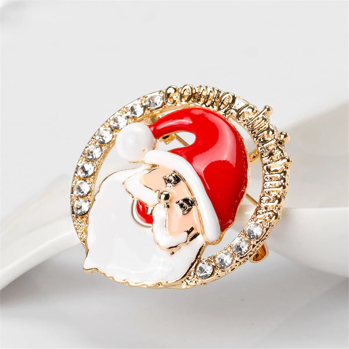 Cubic Zirconia & 18K Gold-Plated Santa Claus Halo Brooch