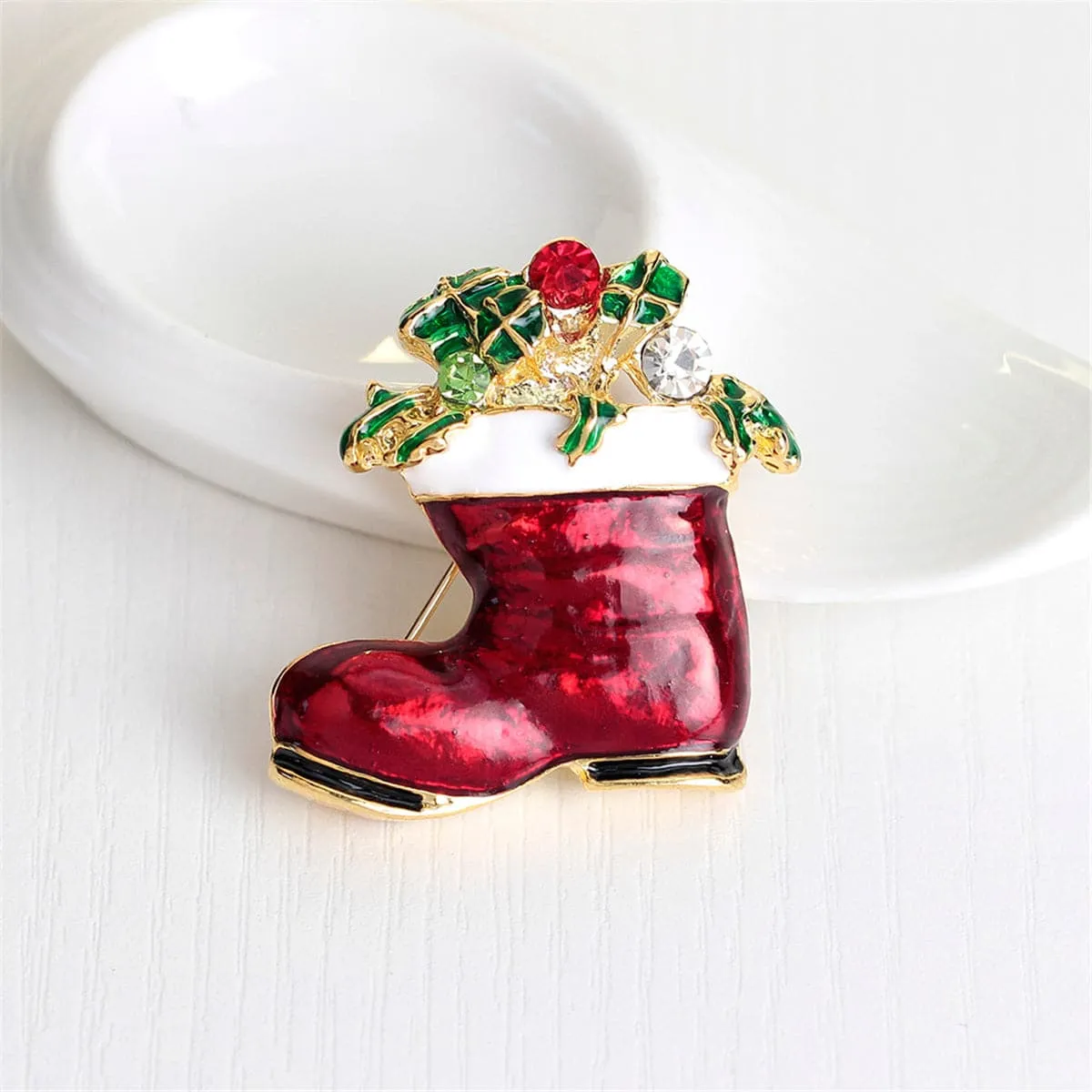 Cubic Zirconia & 18K Gold-Plated Stocking Boot Brooch