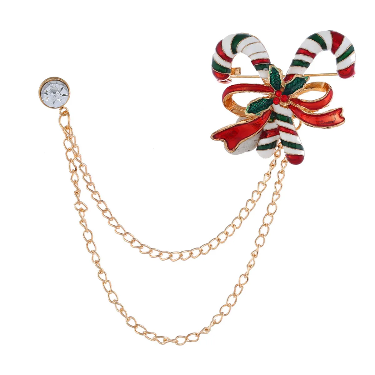 Cubic Zirconia & Enamel 18K Gold-Plated Candy Cane Layered Chain Brooch