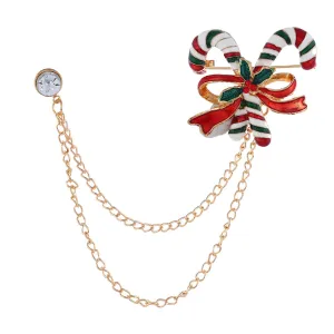 Cubic Zirconia & Enamel 18K Gold-Plated Candy Cane Layered Chain Brooch