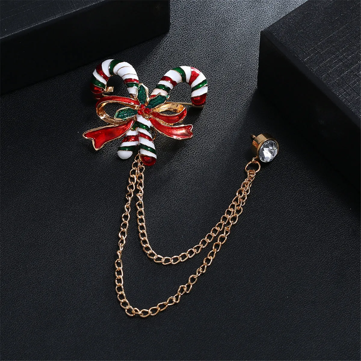 Cubic Zirconia & Enamel 18K Gold-Plated Candy Cane Layered Chain Brooch