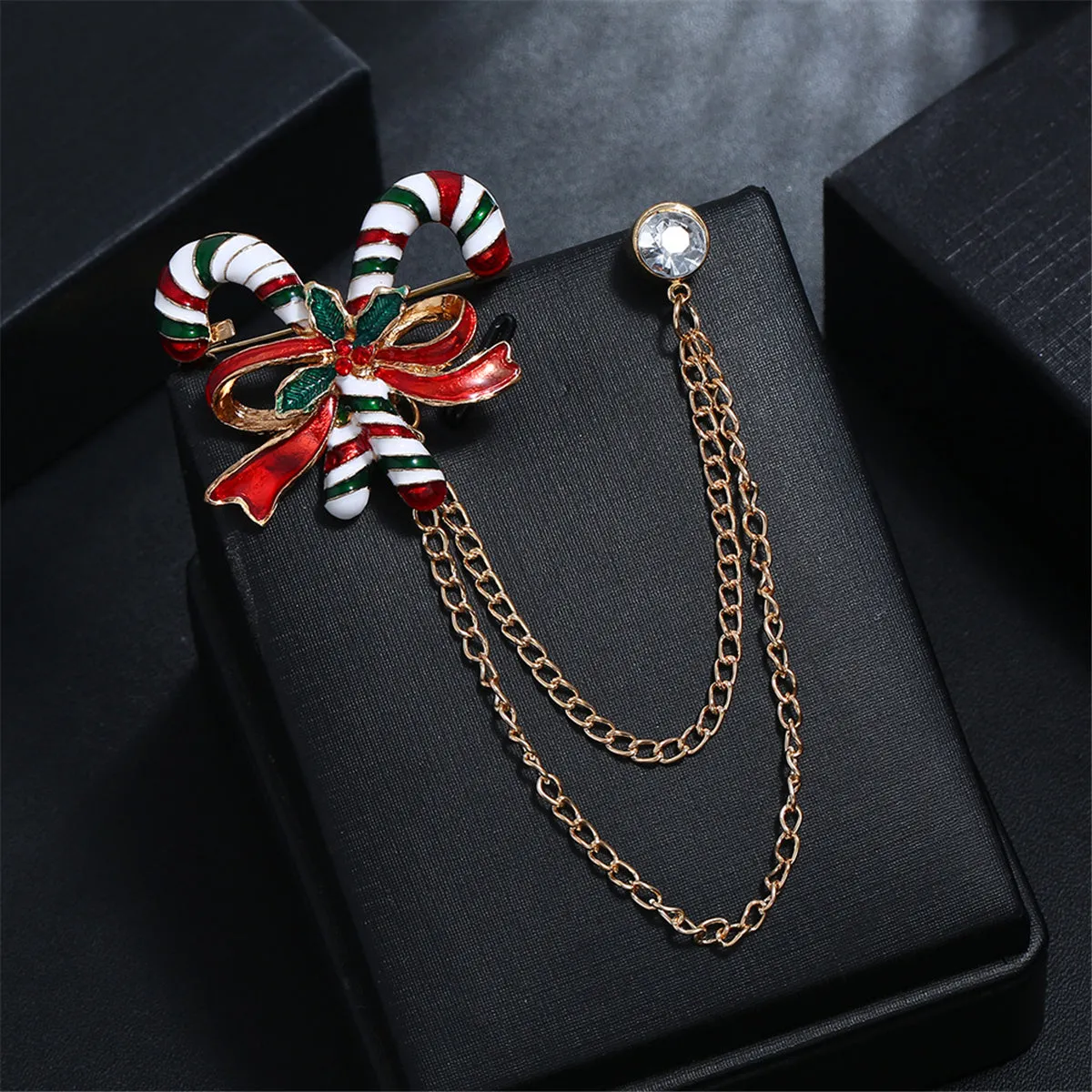 Cubic Zirconia & Enamel 18K Gold-Plated Candy Cane Layered Chain Brooch