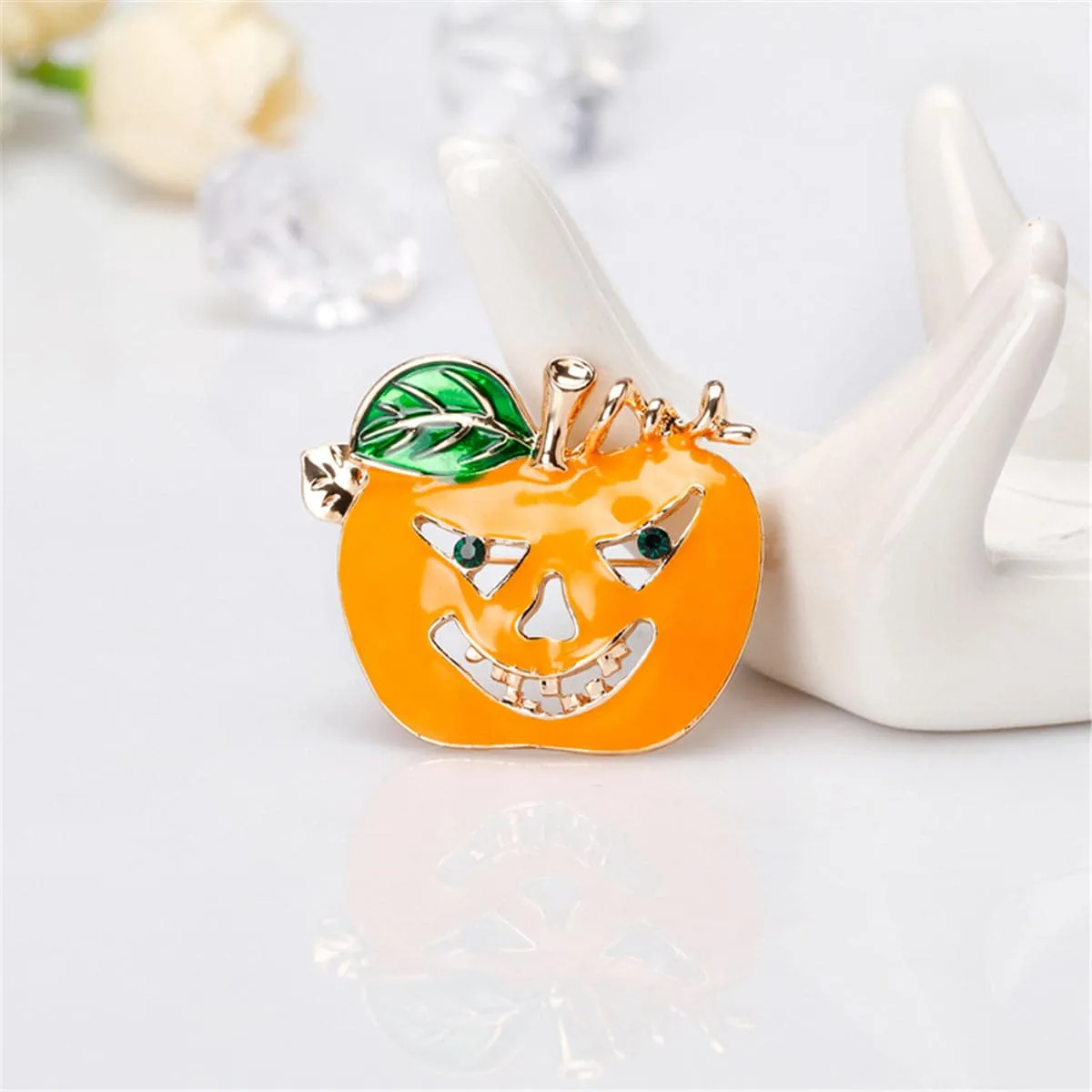 Cubic Zirconia & Enamel 18K Gold-Plated Jack-O-Lantern Brooch