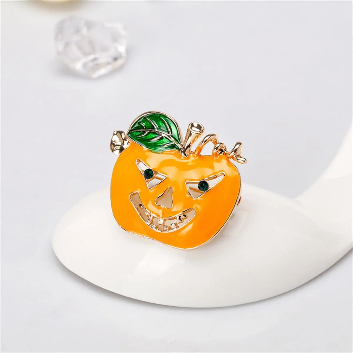 Cubic Zirconia & Enamel 18K Gold-Plated Jack-O-Lantern Brooch