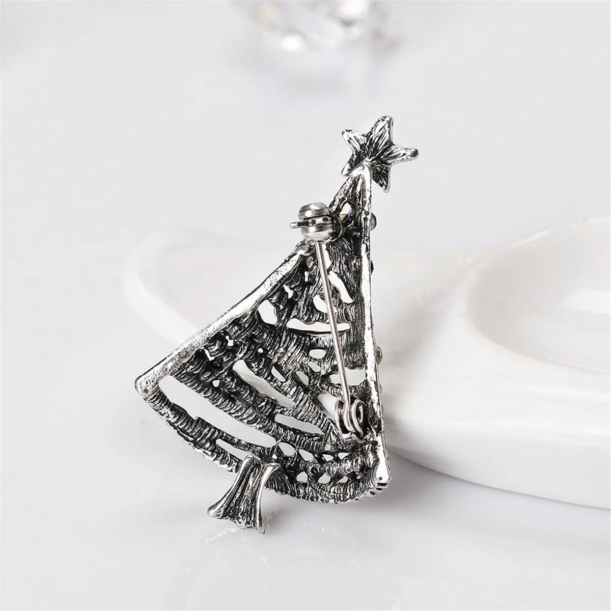 Cubic Zirconia & Silver-Plated Openwork Christmas Tree Brooch