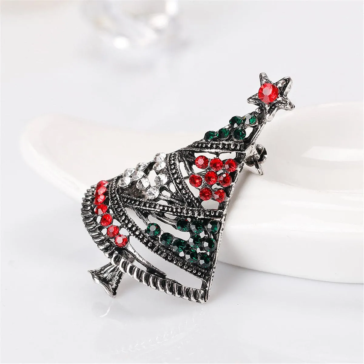 Cubic Zirconia & Silver-Plated Openwork Christmas Tree Brooch