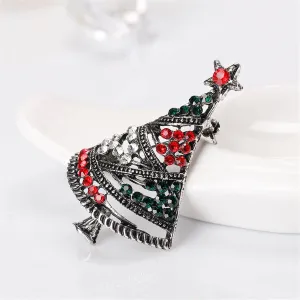 Cubic Zirconia & Silver-Plated Openwork Christmas Tree Brooch