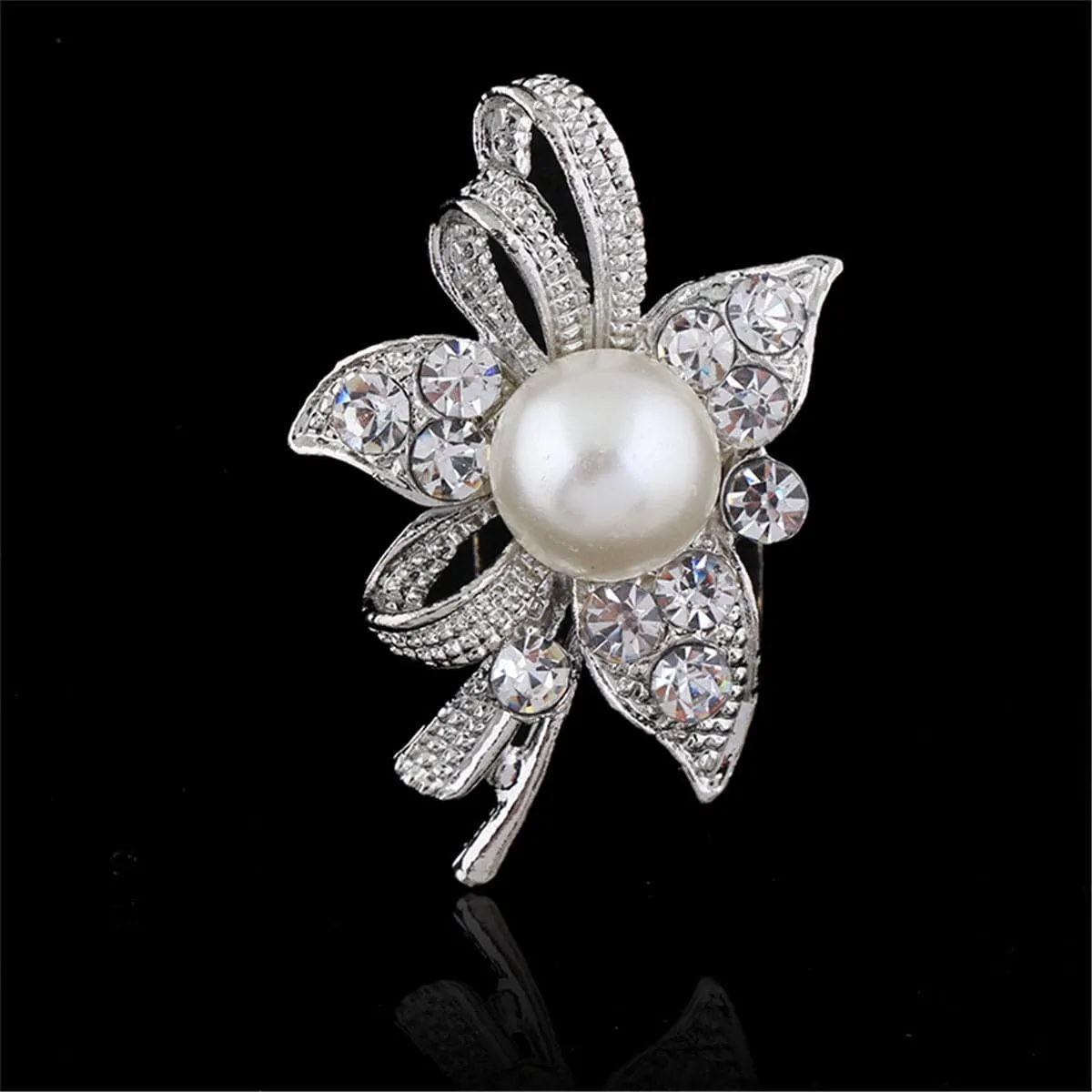 Cubic Zirconia & Silver-Plated Ribbon Flower Brooch