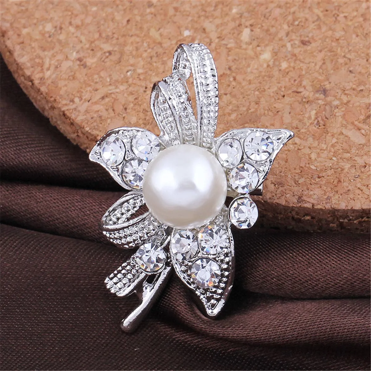 Cubic Zirconia & Silver-Plated Ribbon Flower Brooch