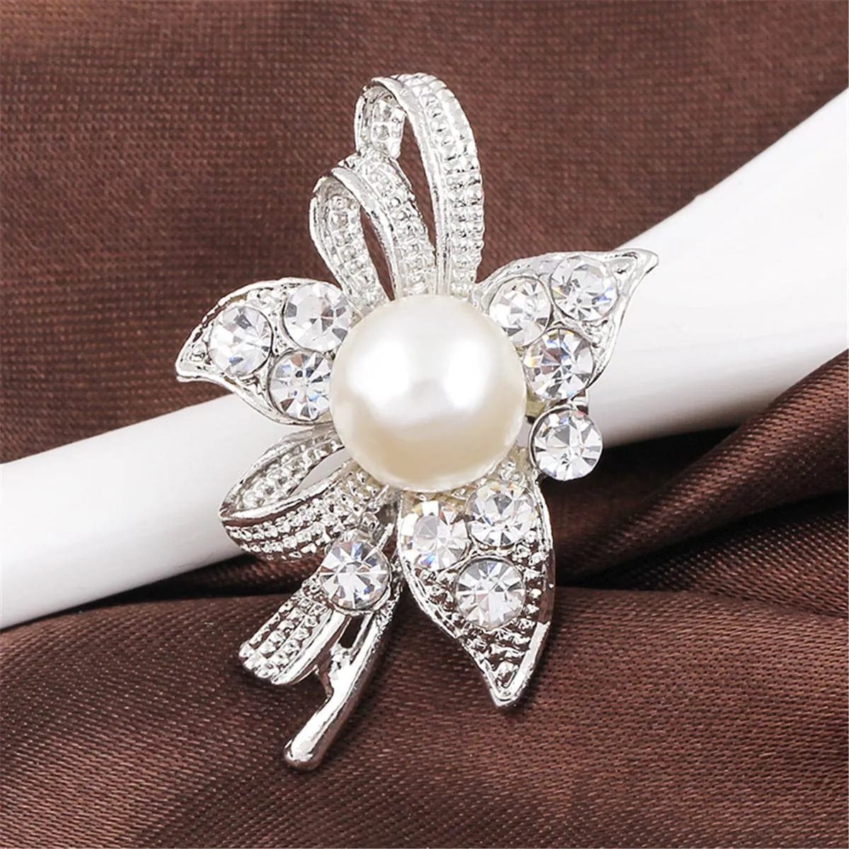 Cubic Zirconia & Silver-Plated Ribbon Flower Brooch