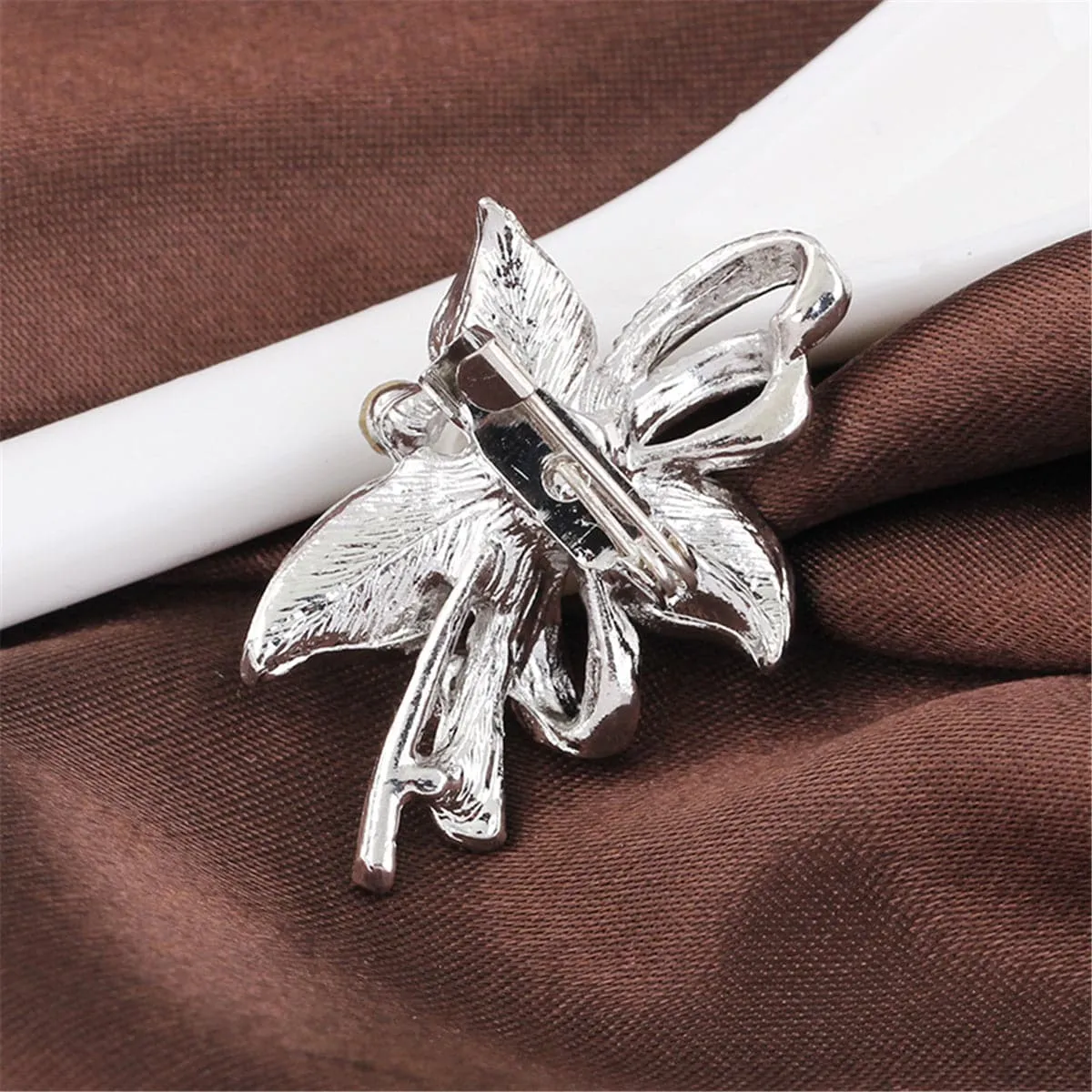 Cubic Zirconia & Silver-Plated Ribbon Flower Brooch