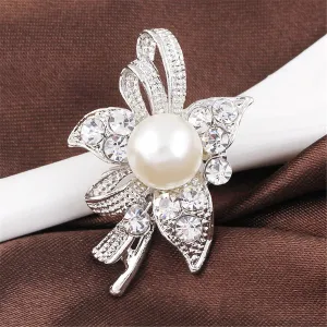Cubic Zirconia & Silver-Plated Ribbon Flower Brooch