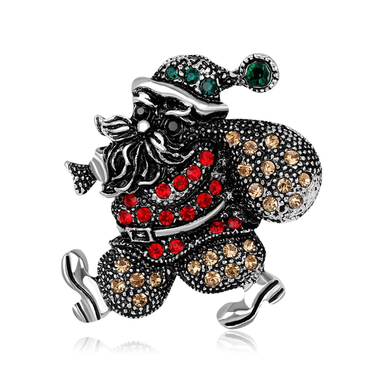 Cubic Zirconia & Silver-Plated Santa Claus & Gift Bag Brooch