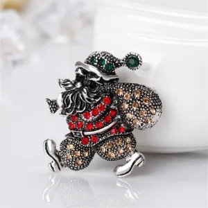 Cubic Zirconia & Silver-Plated Santa Claus & Gift Bag Brooch