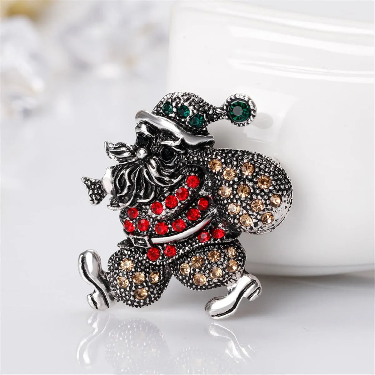 Cubic Zirconia & Silver-Plated Santa Claus & Gift Bag Brooch