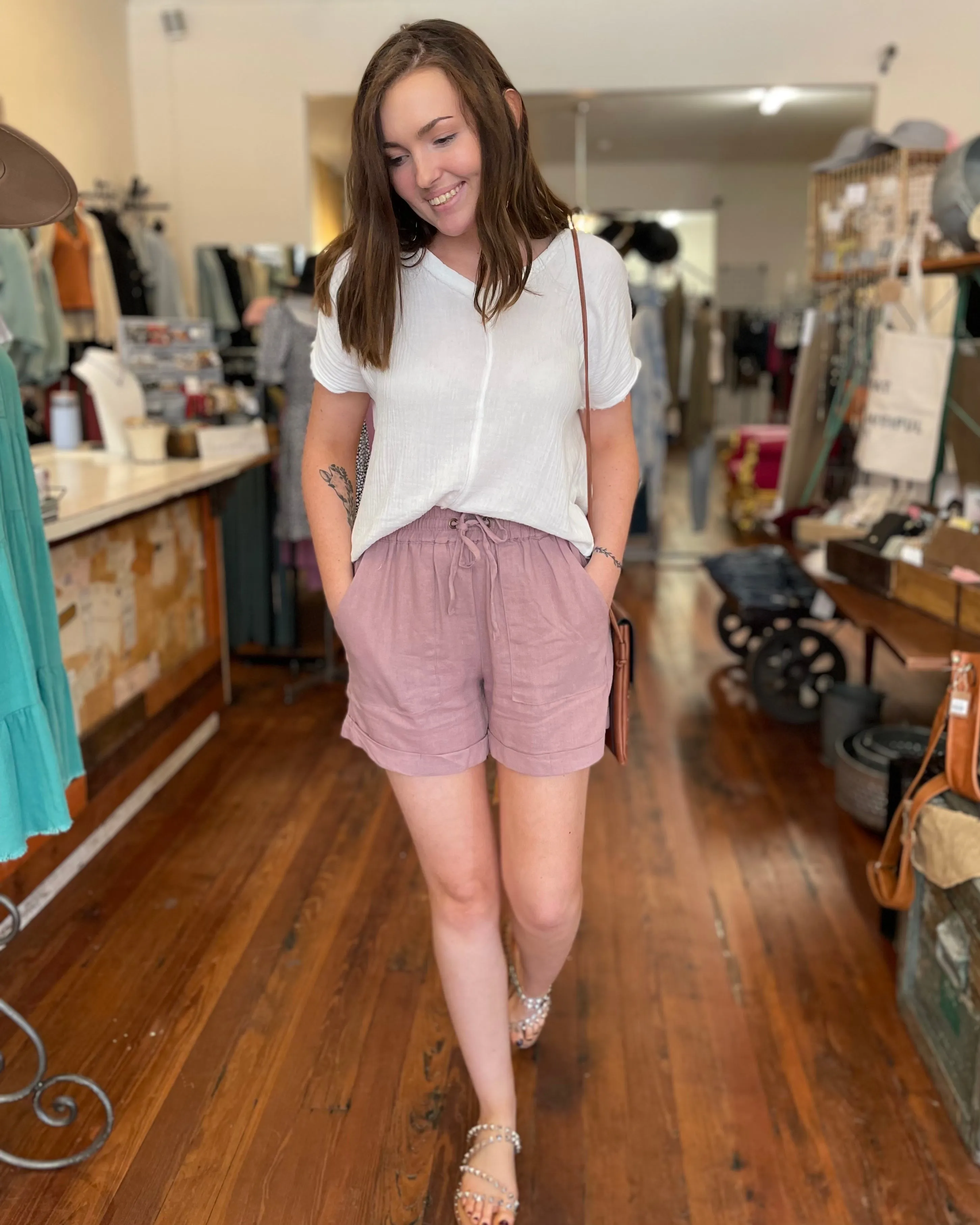 CURVY - STUCK ON YOU LINEN SHORTS - ROSE
