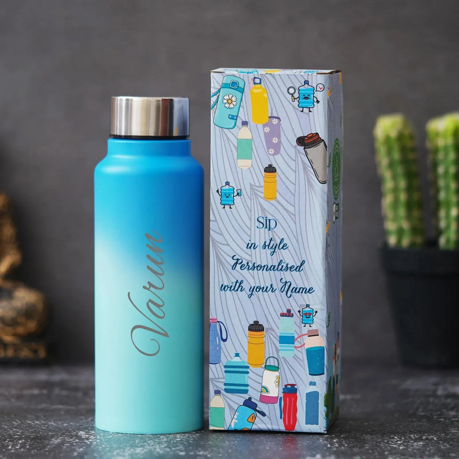 Customized Best Vegan Leather Combo with Water Bottle - Blue