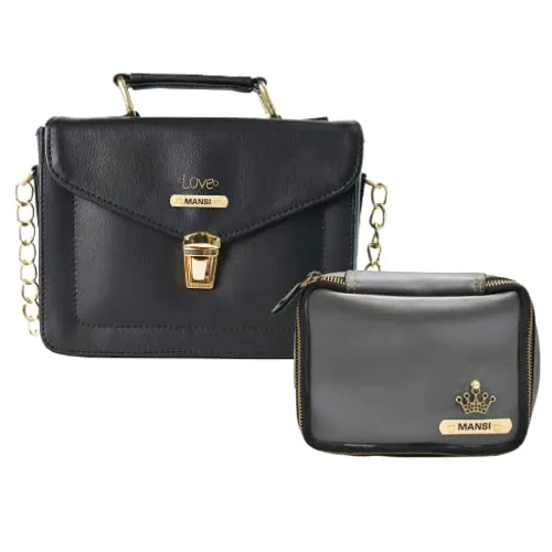 Customized Women's Buttoned Leather Bag   Mini Make up Kit - Black Grey