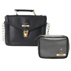 Customized Women's Buttoned Leather Bag   Mini Make up Kit - Black Grey
