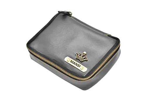 Customized Women's Buttoned Leather Bag   Mini Make up Kit - Black Grey