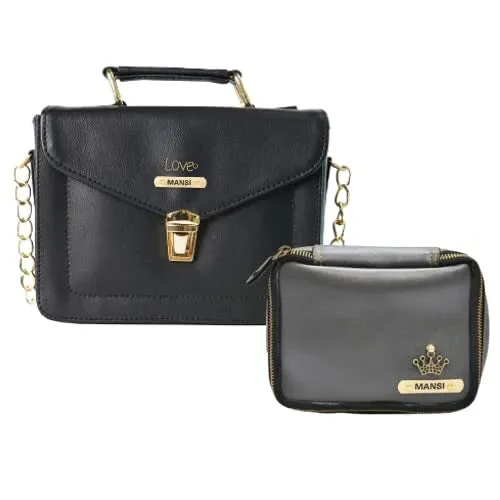 Customized Women's Buttoned Leather Bag   Mini Make up Kit - Black Grey