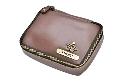 Customized Women's Buttoned Leather Bag   Mini Make up Kit - Green Brown