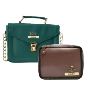 Customized Women's Buttoned Leather Bag   Mini Make up Kit - Green Brown