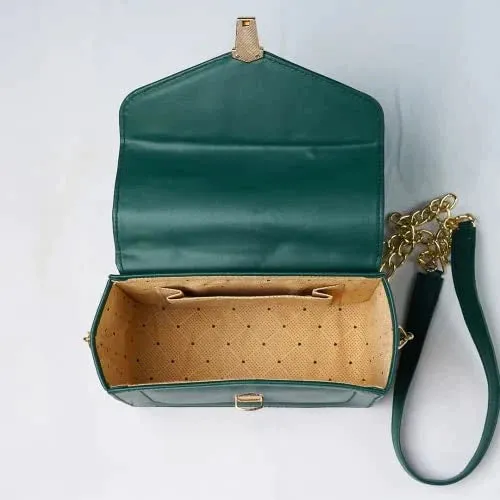 Customized Women's Buttoned Leather Bag   Mini Make up Kit - Green Brown