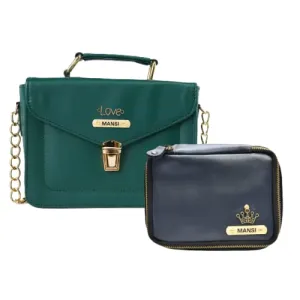 Customized Women's Buttoned Leather Bag   Mini Make up Kit - Green Royal Blue