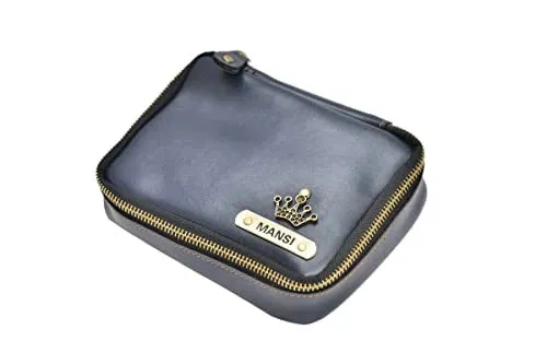 Customized Women's Buttoned Leather Bag   Mini Make up Kit - Green Royal Blue