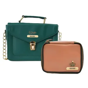 Customized Women's Buttoned Leather Bag   Mini Make up Kit - Green Tan