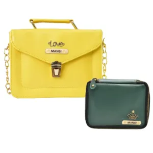 Customized Women's Buttoned Leather Bag   Mini Make up Kit - Yellow Olive Green