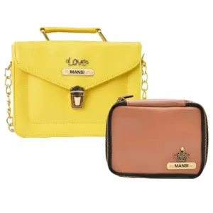 Customized Women's Buttoned Leather Bag   Mini Make up Kit - Yellow Tan