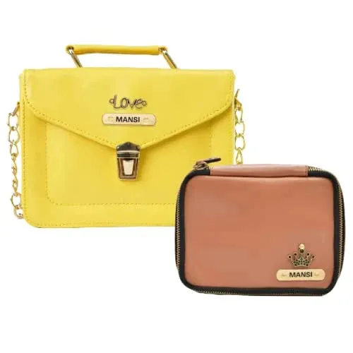 Customized Women's Buttoned Leather Bag   Mini Make up Kit - Yellow Tan