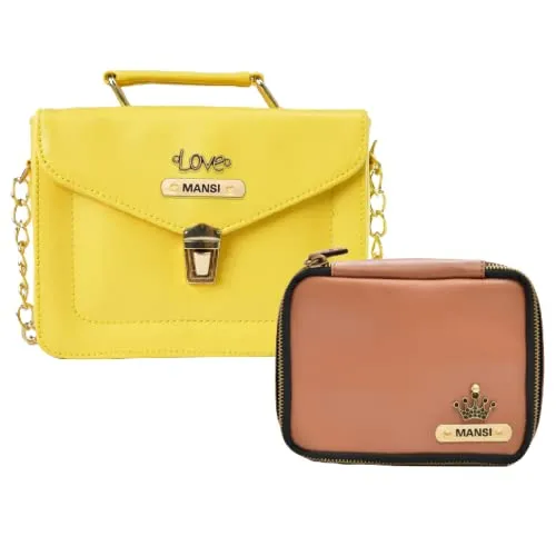 Customized Women's Buttoned Leather Bag   Mini Make up Kit - Yellow Tan