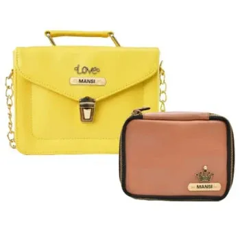 Customized Women's Buttoned Leather Bag   Mini Make up Kit - Yellow Tan