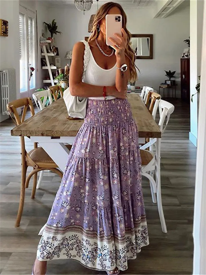 Cute High-Waist Floral Pattern Pleated Maxi Skirts