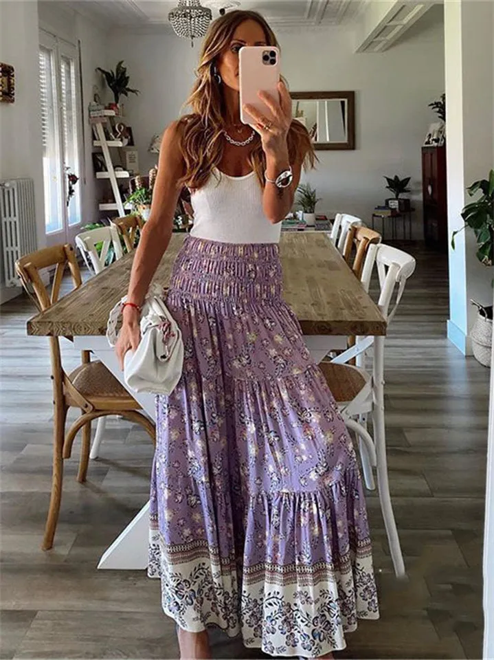 Cute High-Waist Floral Pattern Pleated Maxi Skirts