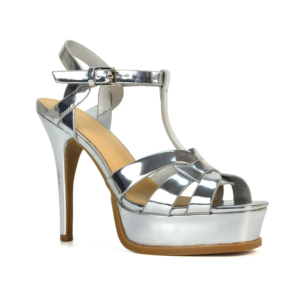 Dafney Stiletto Strappy Platform Open Toe High Heel Sandals in Silver