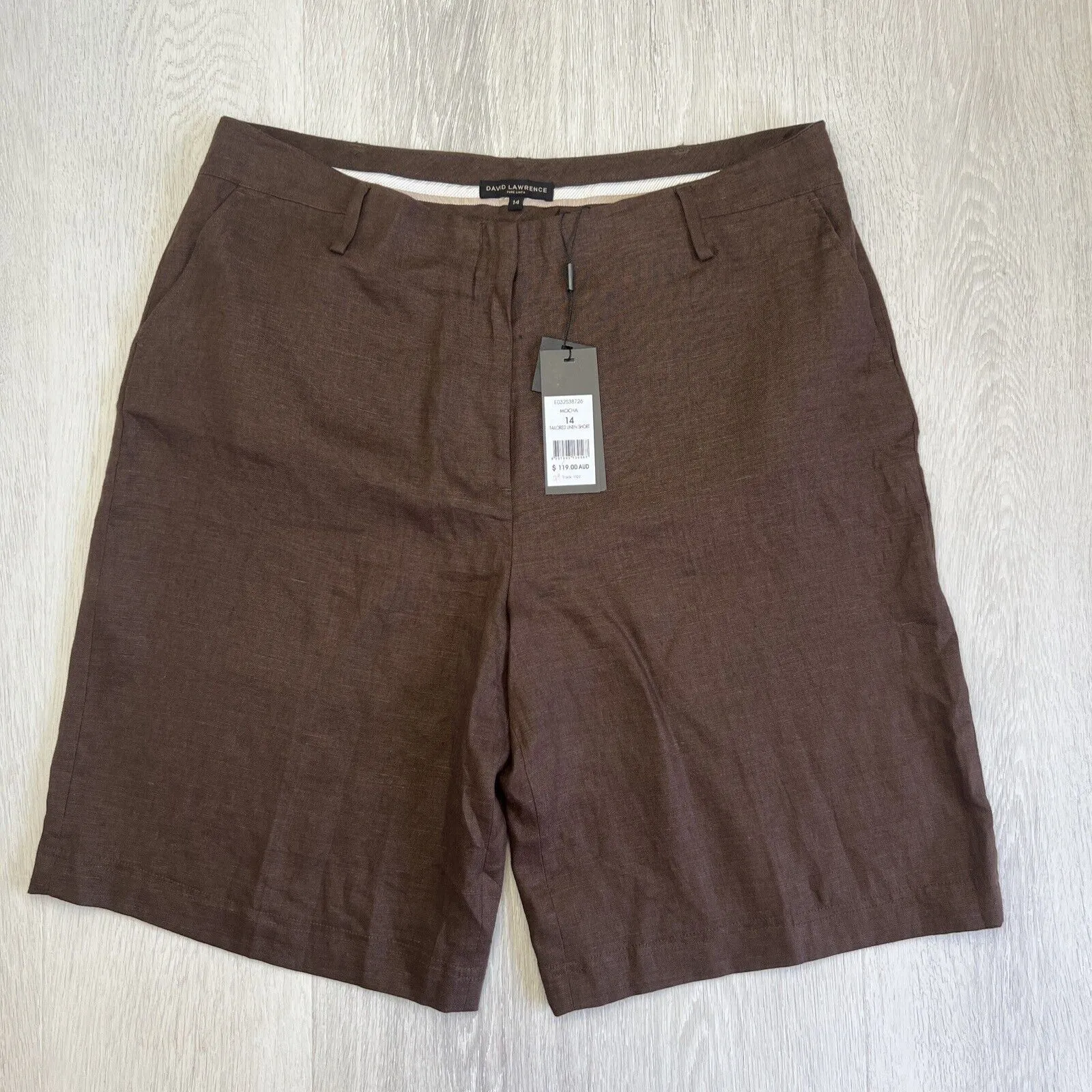 David Lawrence Tailored Mocha Linen Short Size 14 (New)