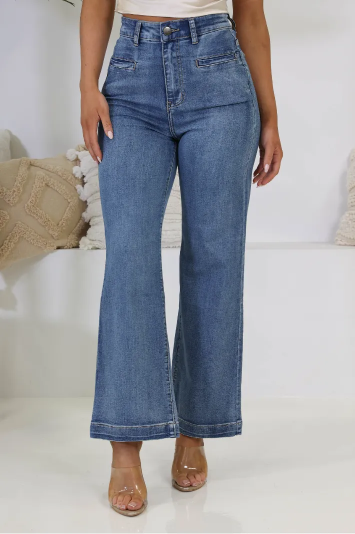 DAZE WIDE LEG DENIM JEANS - Blue Wash