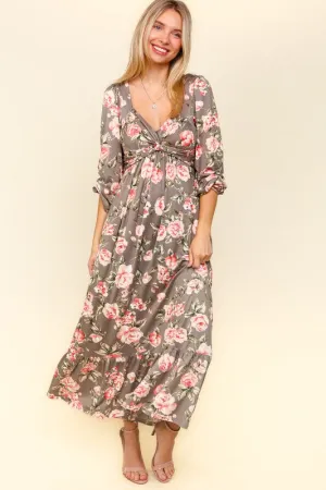 Deena Twisted Detail Ruffled Hem Floral Dress with Side Pockets