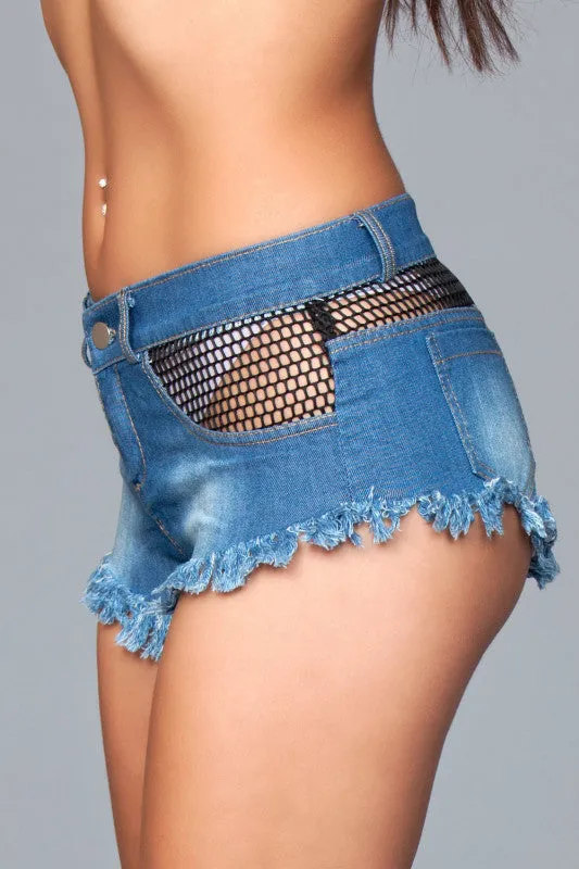 Denim Shorts With Fishnet Top Trimming and Fringe  Bottom Details - Small