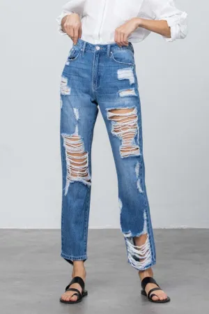 Destroyed High Rise Straight Leg Denim Jeans