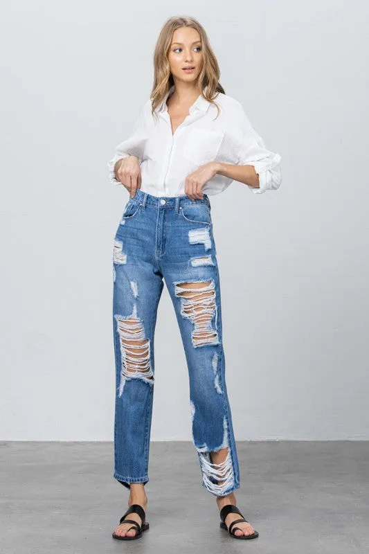 Destroyed High Rise Straight Leg Denim Jeans