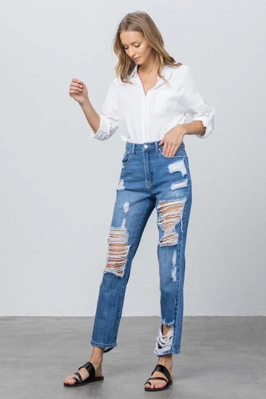 Destroyed High Rise Straight Leg Denim Jeans