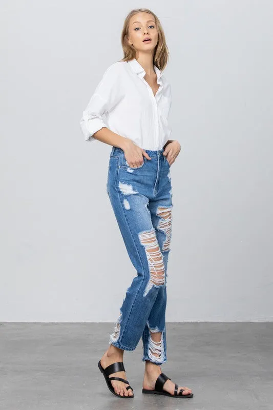 Destroyed High Rise Straight Leg Denim Jeans