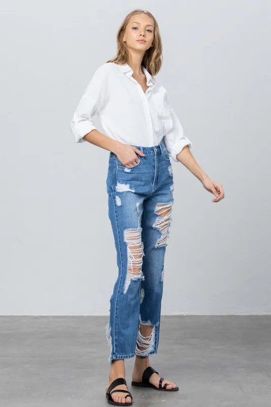 Destroyed High Rise Straight Leg Denim Jeans
