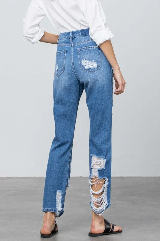 Destroyed High Rise Straight Leg Denim Jeans